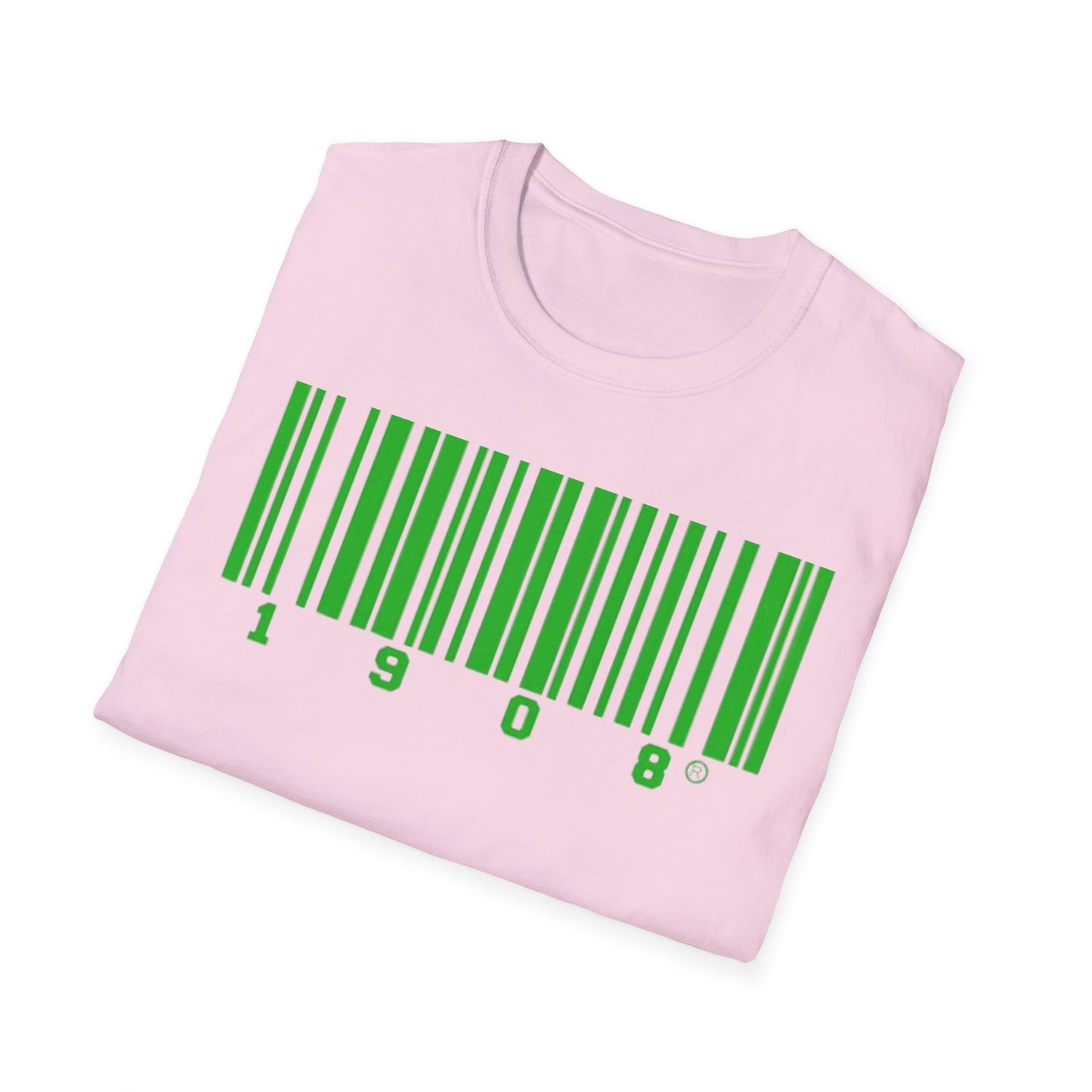 Folded pink t-shirt featuring a green barcode design with '1908,' symbolizing the legacy and sisterhood of Alpha Kappa Alpha Sorority®