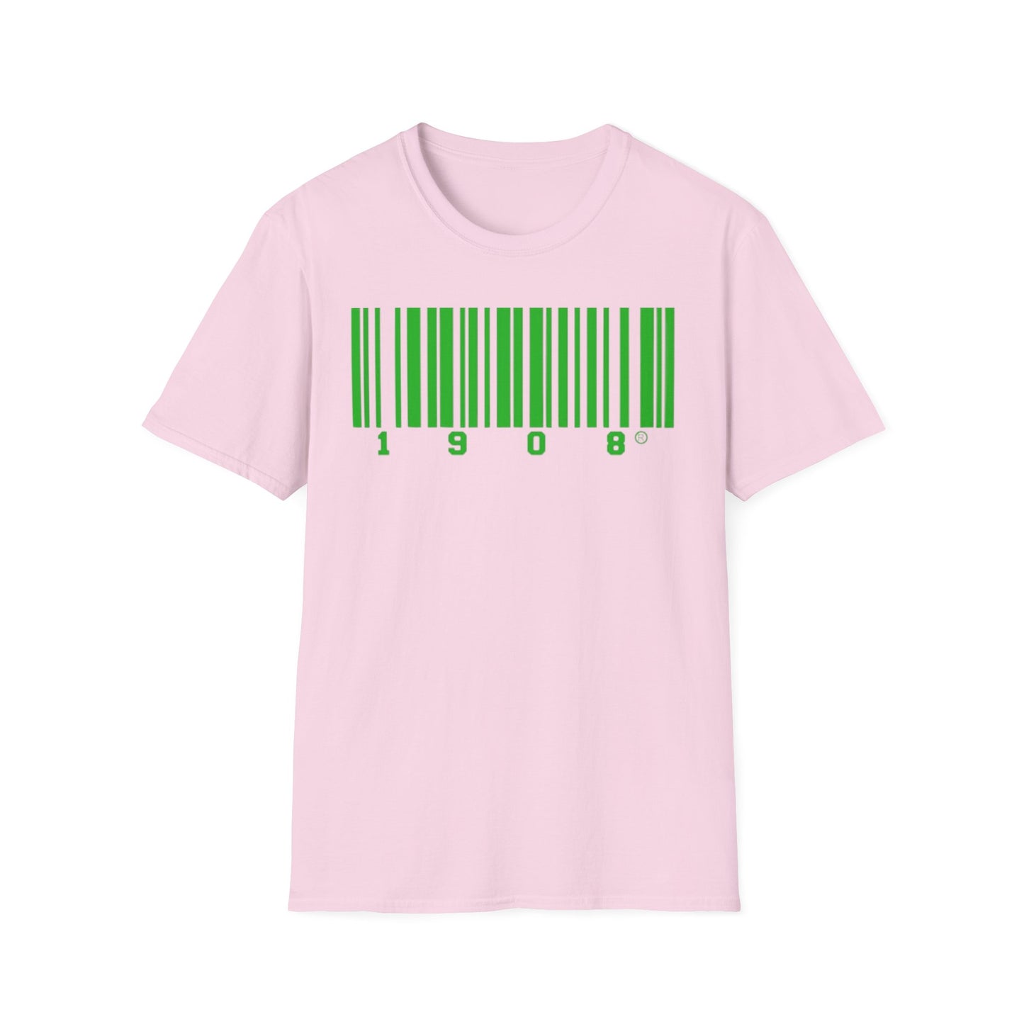 Pink t-shirt with a green barcode design featuring '1908,' representing the legacy and sisterhood of Alpha Kappa Alpha Sorority®
