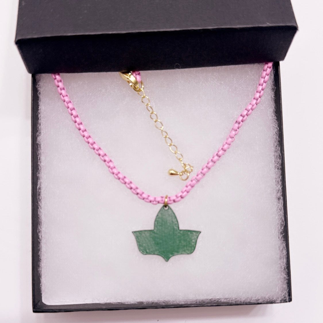 Pink Necklace with Hand-Painted Leather Ivy Leaf Charm – A Unique Statement Piece