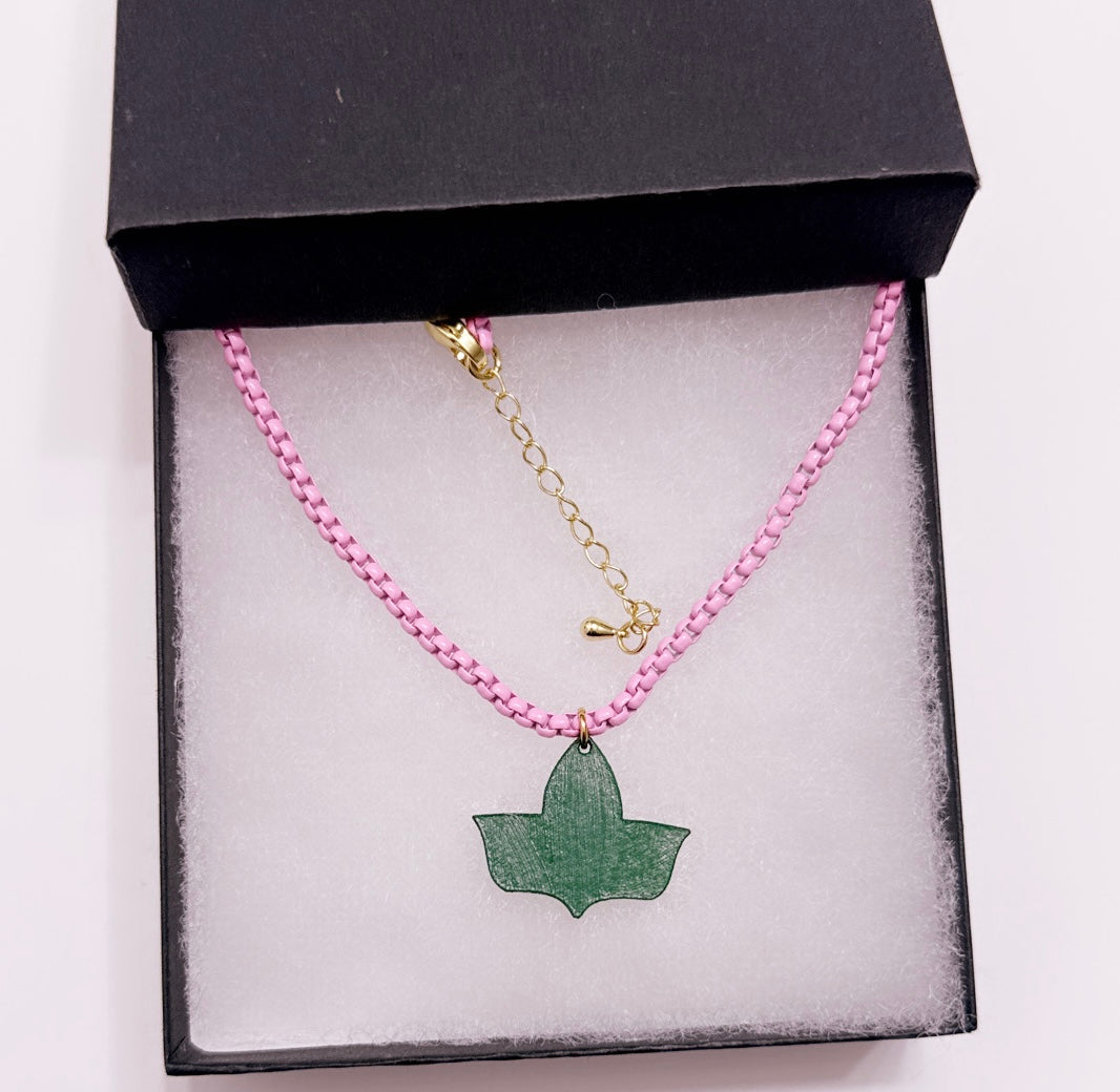 Pink Necklace with Hand-Painted Leather Ivy Leaf Charm – A Unique Statement Piece
