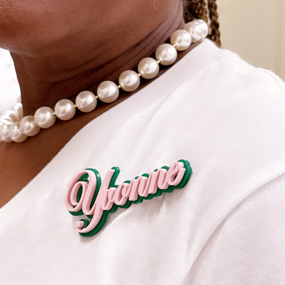 Pink & Green Name Lapel Pin – Personalized Elegance