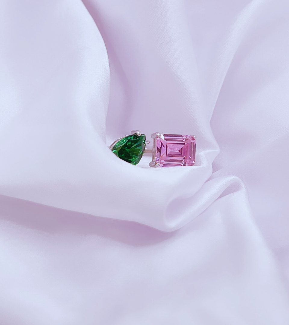Adjustable Sterling Silver Ring with Pink, Green, and Clear Cubic Zirconia