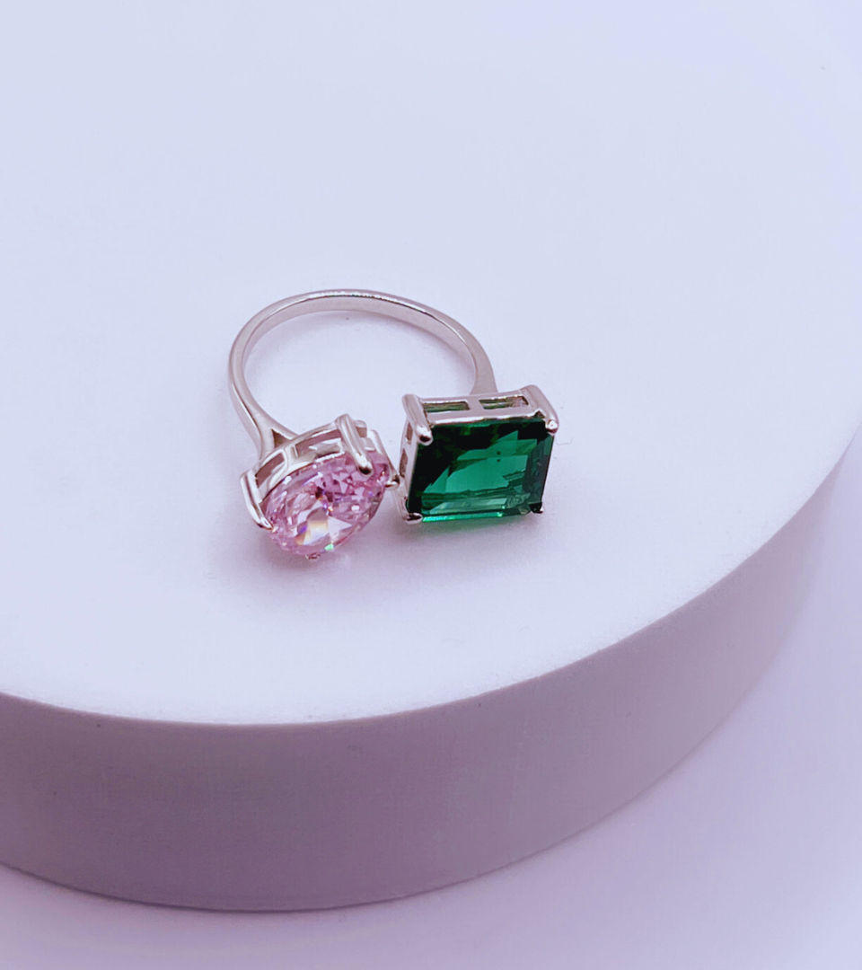 Adjustable Sterling Silver Ring with Pink, Green, and Clear Cubic Zirconia