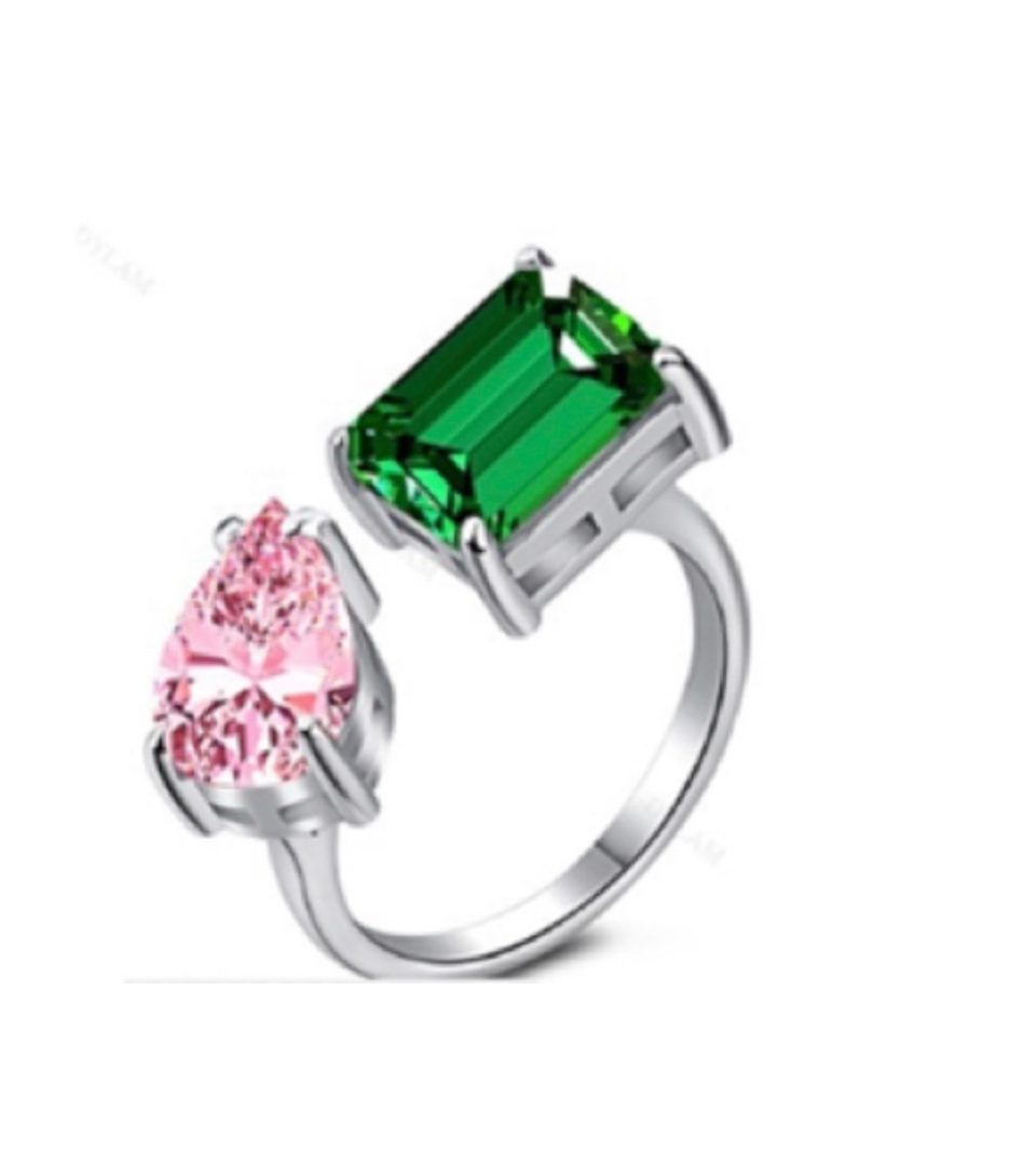Adjustable Sterling Silver Ring with Pink, Green, and Clear Cubic Zirconia