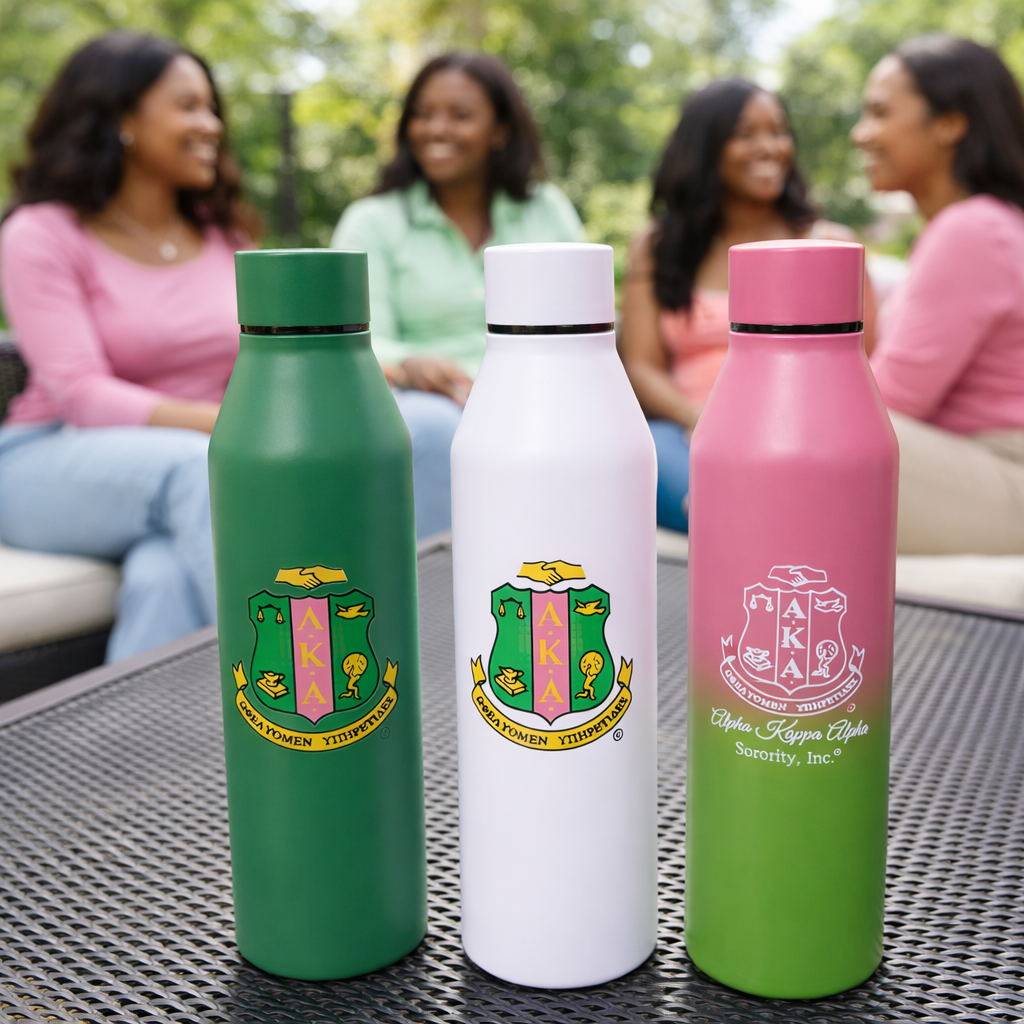 Alpha Kappa Alpha water bottles in green, white, and pink ombré with official AKA crest.