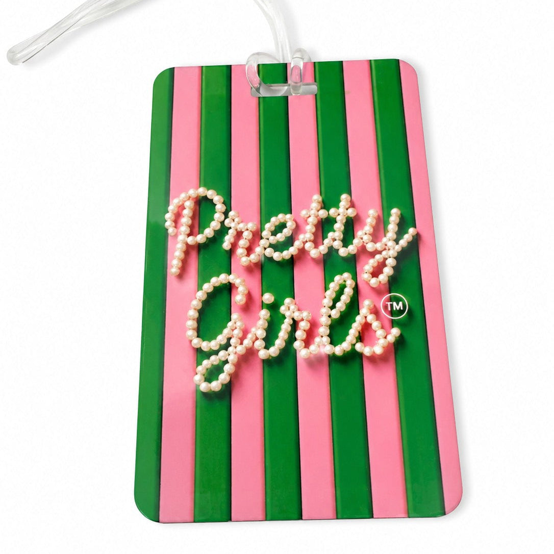 Double sided Alpha Kappa Alpha Pretty Girl purse and luggage tag featuring pink and green stripes, pearl script lettering, durable board construction, and a clear flexible luggage strap.