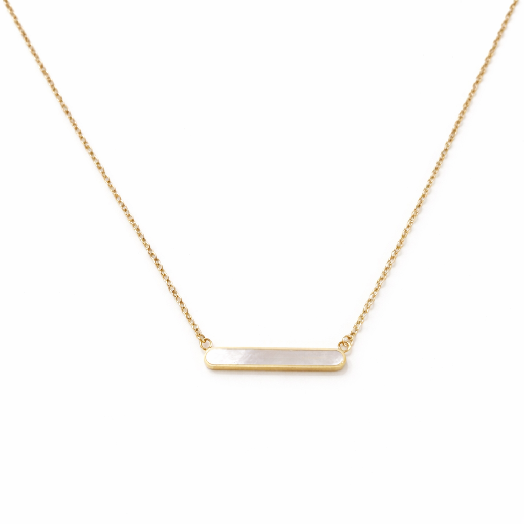 Gold pearl bar necklace in stainless steel with horizontal bar design on a white background.