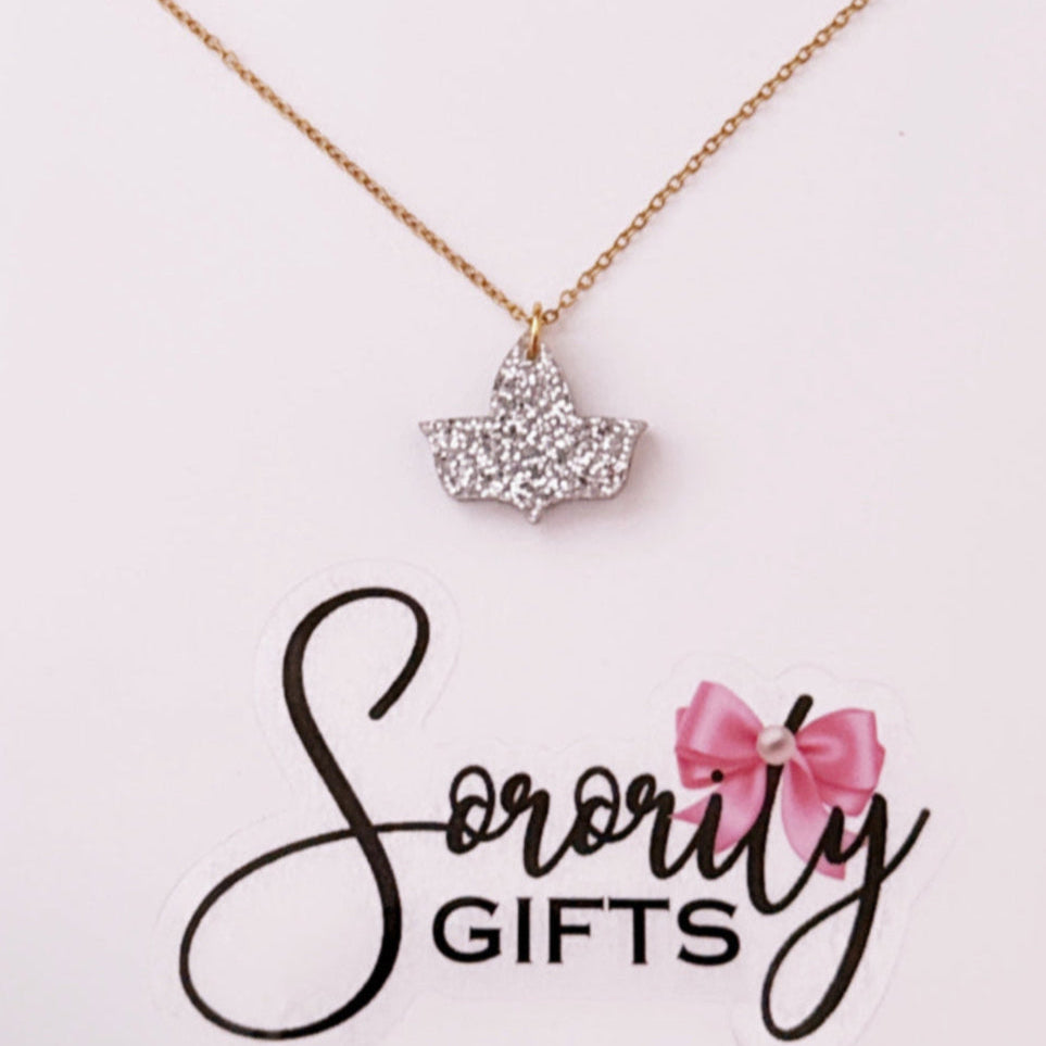 Silver glitter ivy leaf pendant necklace with a gold chain, displayed on a white backing card with the "Sorority Gifts" logo featuring a pink bow.