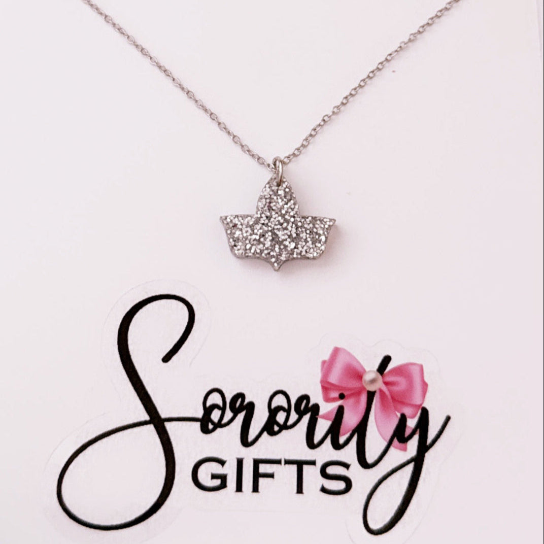 Silver glitter ivy leaf pendant necklace displayed on a white card with the "Sorority Gifts" logo featuring a pink bow.