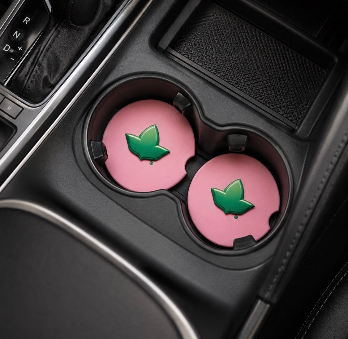 Pink Ceramic Car Coasters with Green Ivy Emblem – Set of 2