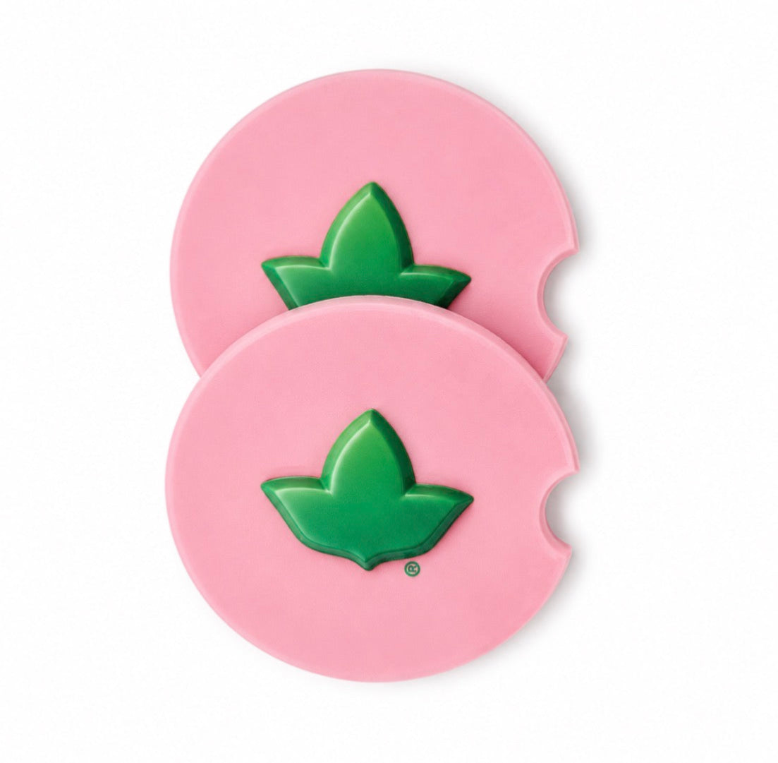Pink Ceramic Car Coasters with Green Ivy Emblem – Set of 2