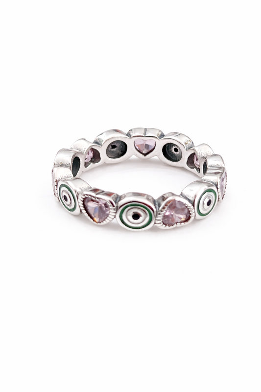 925 Silver Plated Pink CZ and Green Enamel Eternity Ring