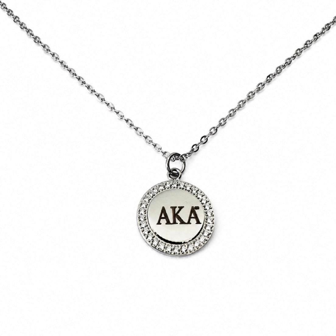 Alpha Kappa Alpha Shield & AKA Charm Necklace | Stainless Steel with Cubic Zirconia