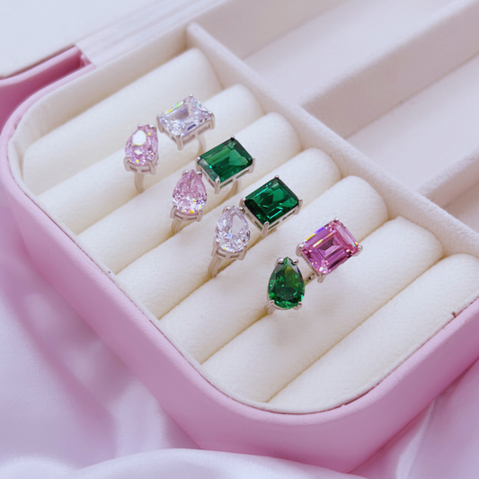 Adjustable Sterling Silver Ring with Pink, Green, and Clear Cubic Zirconia