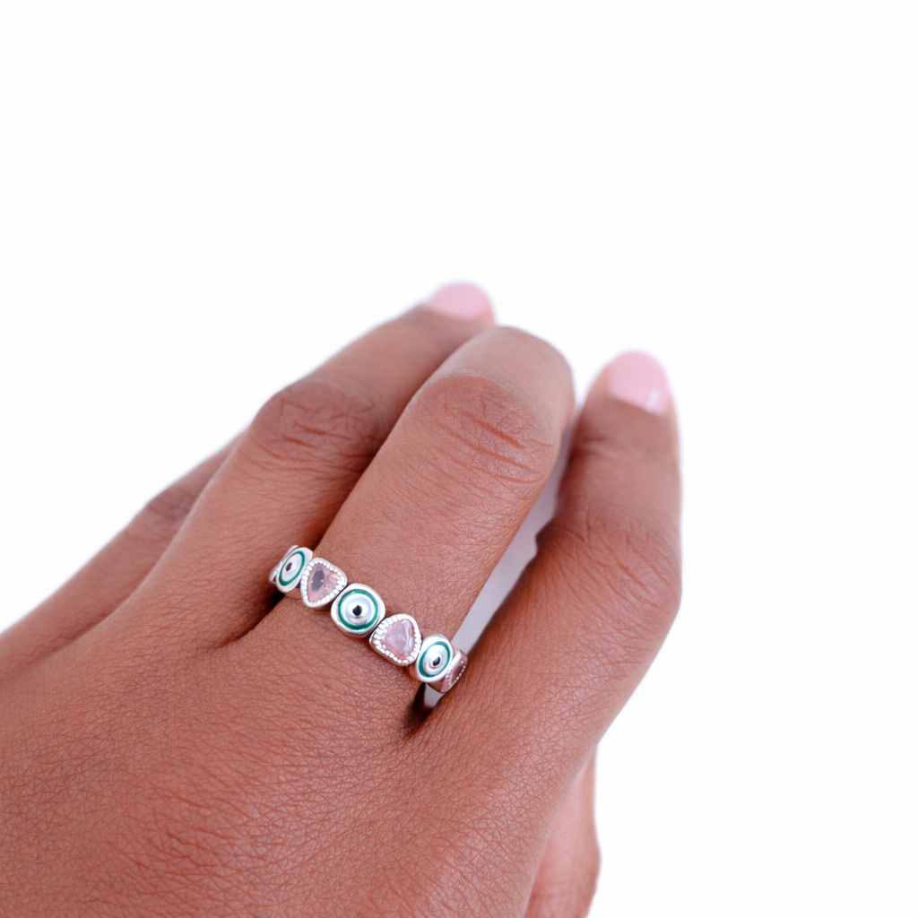 925 Silver Plated Pink CZ and Green Enamel Eternity Ring