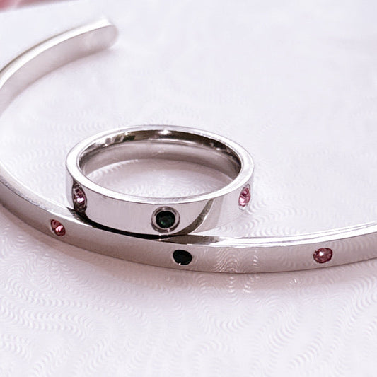 Stainless Steel Bangle & Ring with Pink and Emerald Green Stones – Elegant Minimalist Jewelry
