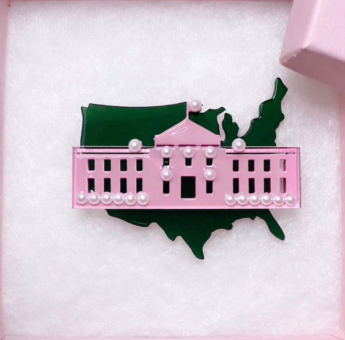 Pink and Green White House Acrylic Brooch with Pearls