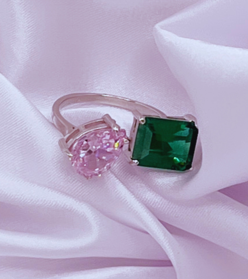 Adjustable Sterling Silver Ring with Pink, Green, and Clear Cubic Zirconia