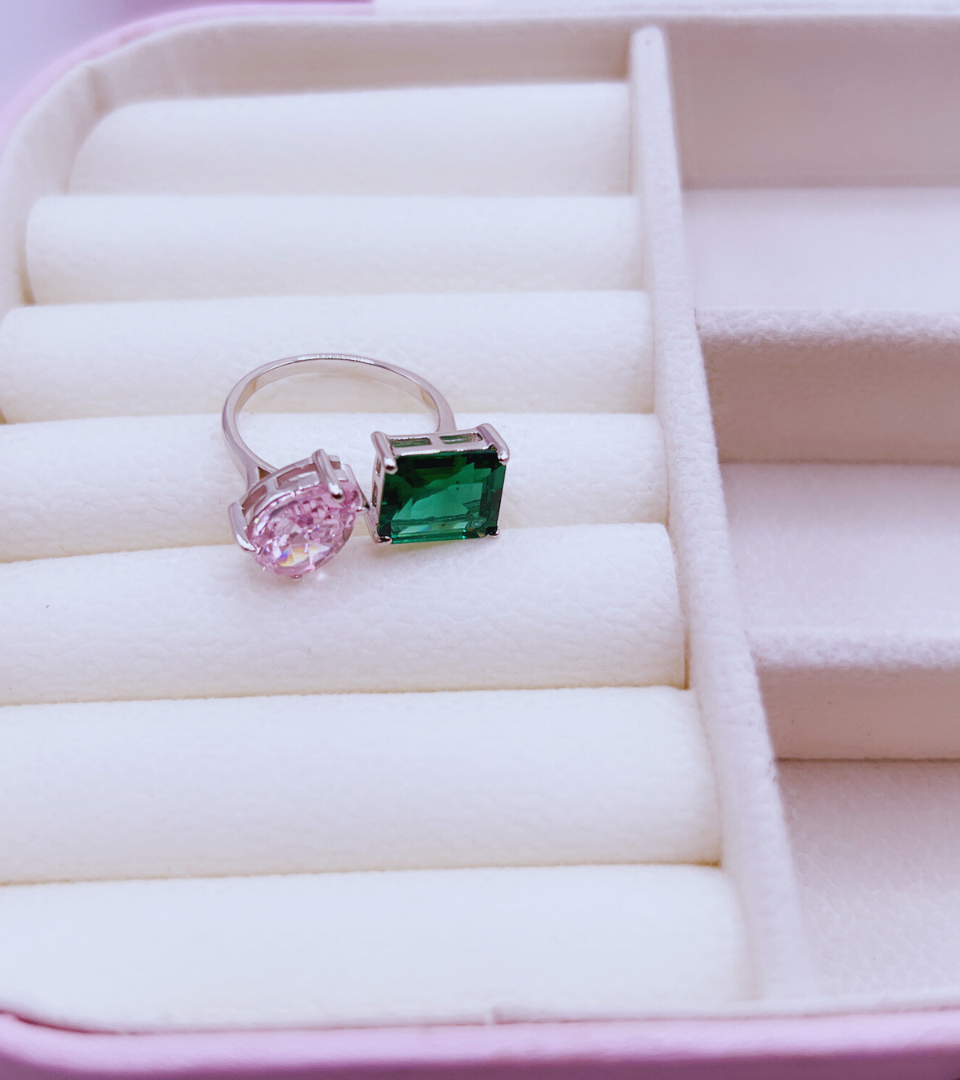 Adjustable Sterling Silver Ring with Pink, Green, and Clear Cubic Zirconia