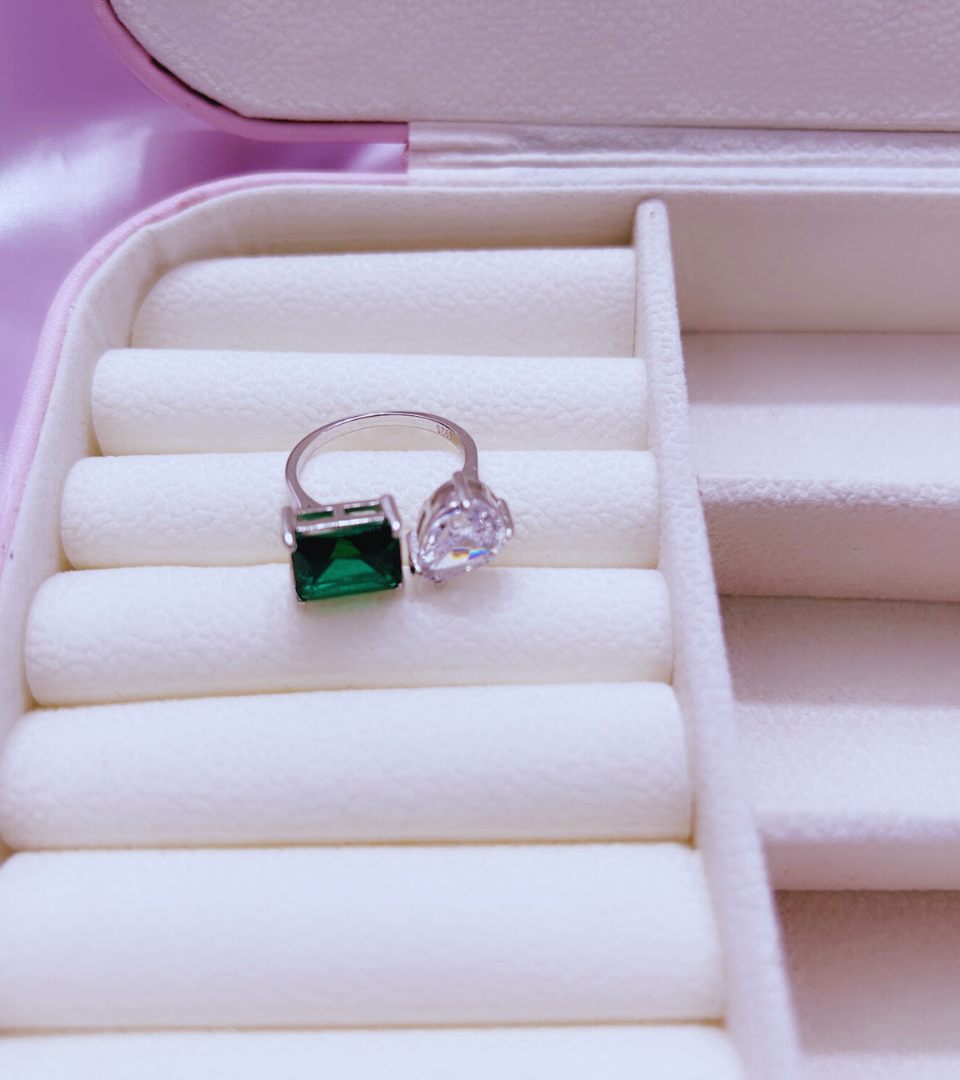 Adjustable Sterling Silver Ring with Pink, Green, and Clear Cubic Zirconia