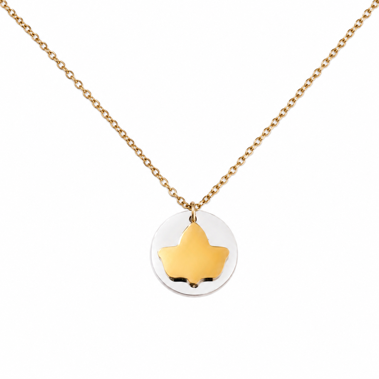 Two-tone stainless steel ivy charm necklace with adjustable 16–18 inch chain featuring a gold ivy pendant on a silver disc.