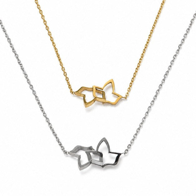 Gold and silver stainless steel ivy outline necklaces with adjustable 16–18 inch chains displayed on a white background, featuring an elegant open ivy leaf design for everyday wear and layered styling.