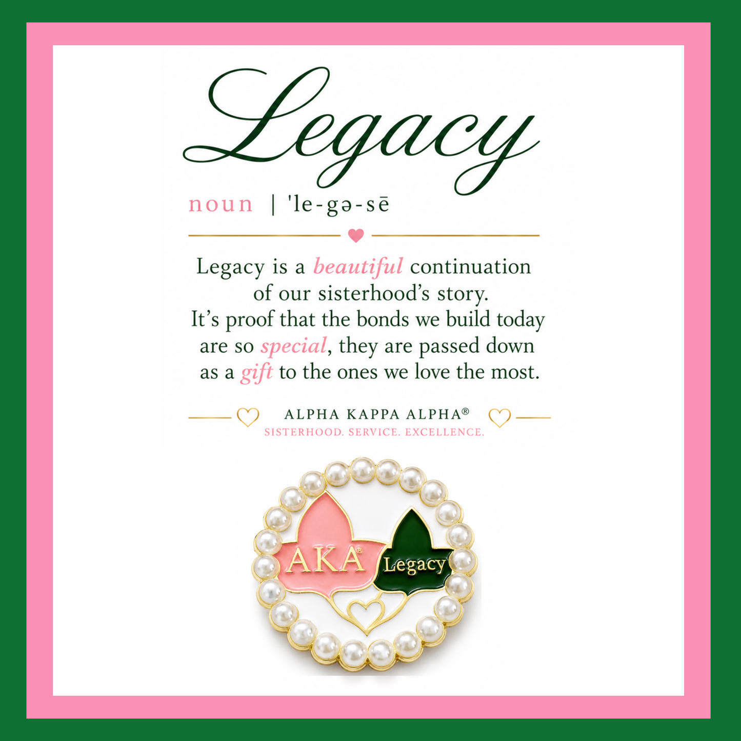 AKA Legacy Pearl Brooch | Alpha Kappa Alpha Legacy Pin | 2 Inch Sorority Brooch