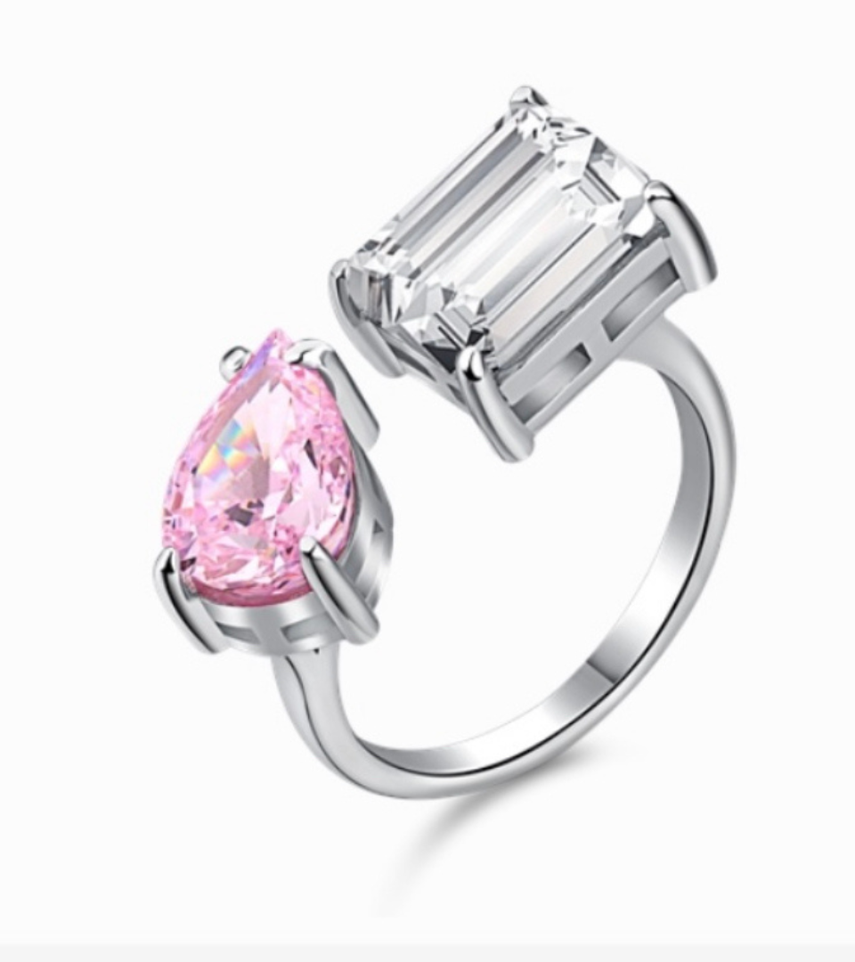 Adjustable Sterling Silver Ring with Pink, Green, and Clear Cubic Zirconia