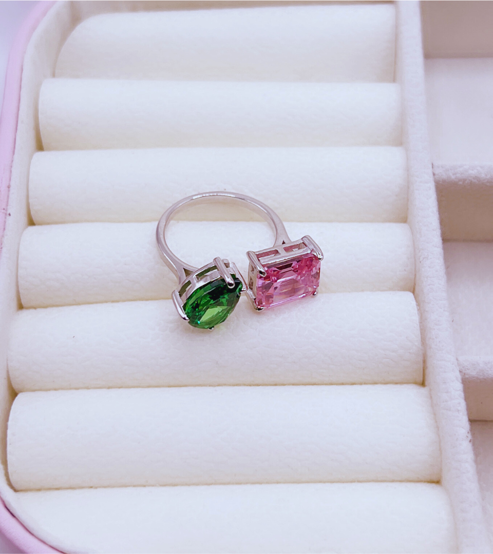 Adjustable Sterling Silver Ring with Pink, Green, and Clear Cubic Zirconia