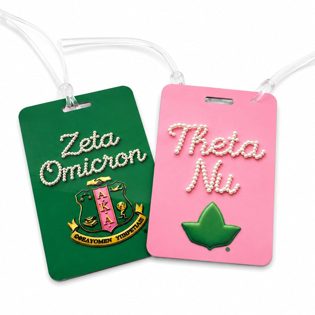 Double sided Alpha Kappa Alpha purse and luggage tags featuring personalized Theta Nu and Zeta Omicron chapter designs in pink and green with durable construction and clear travel straps.