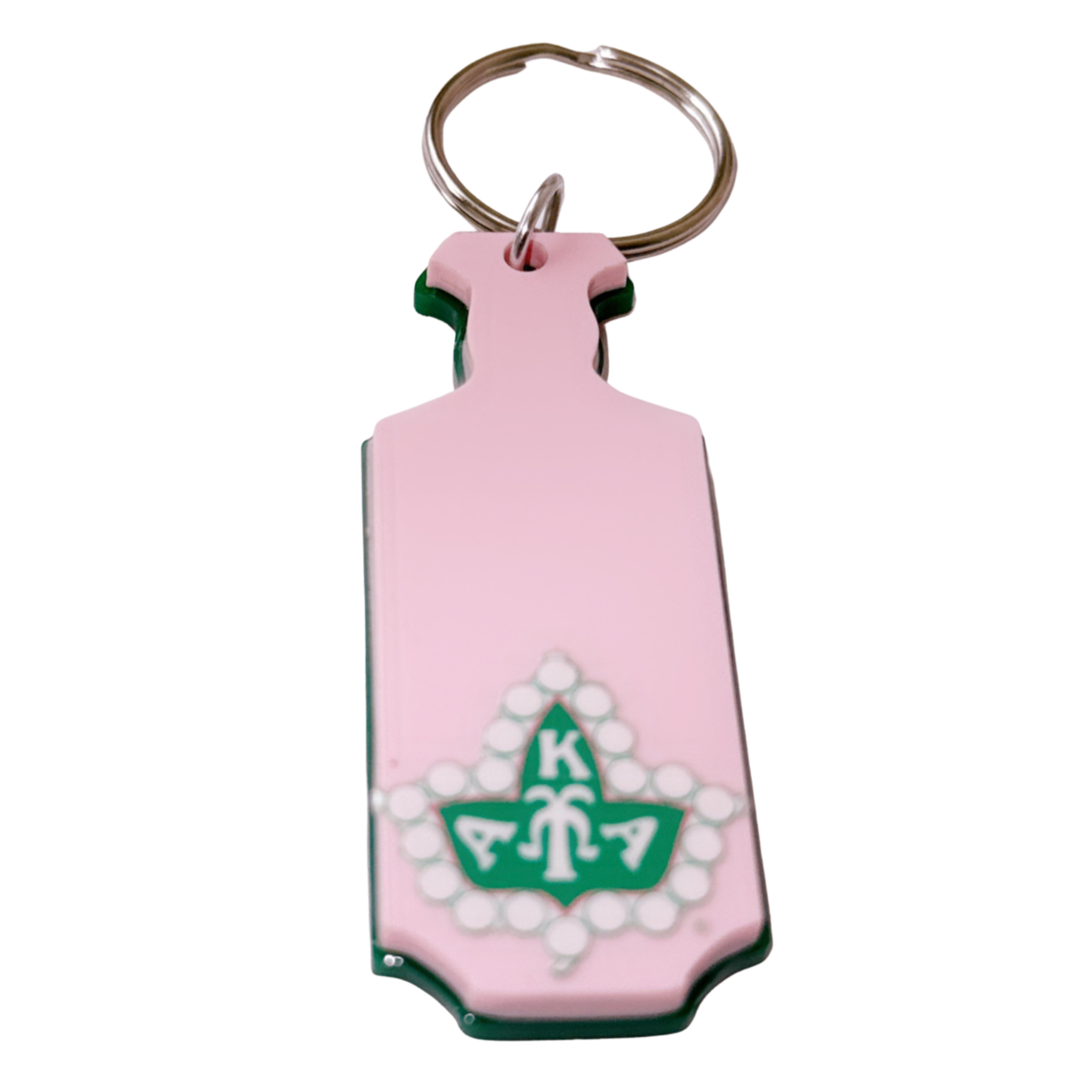 Pink keychain with green and white design on a white background. Paddle keychain for members of Alpha Kappa Alpha.