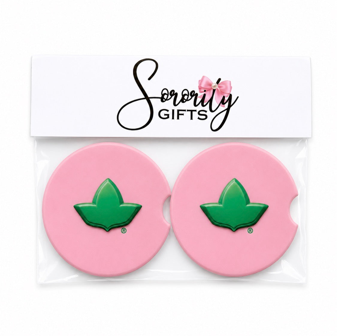 Set of Pink car coasters with Ivy leaf for Alpha Kappa Alpha Sorority members. 