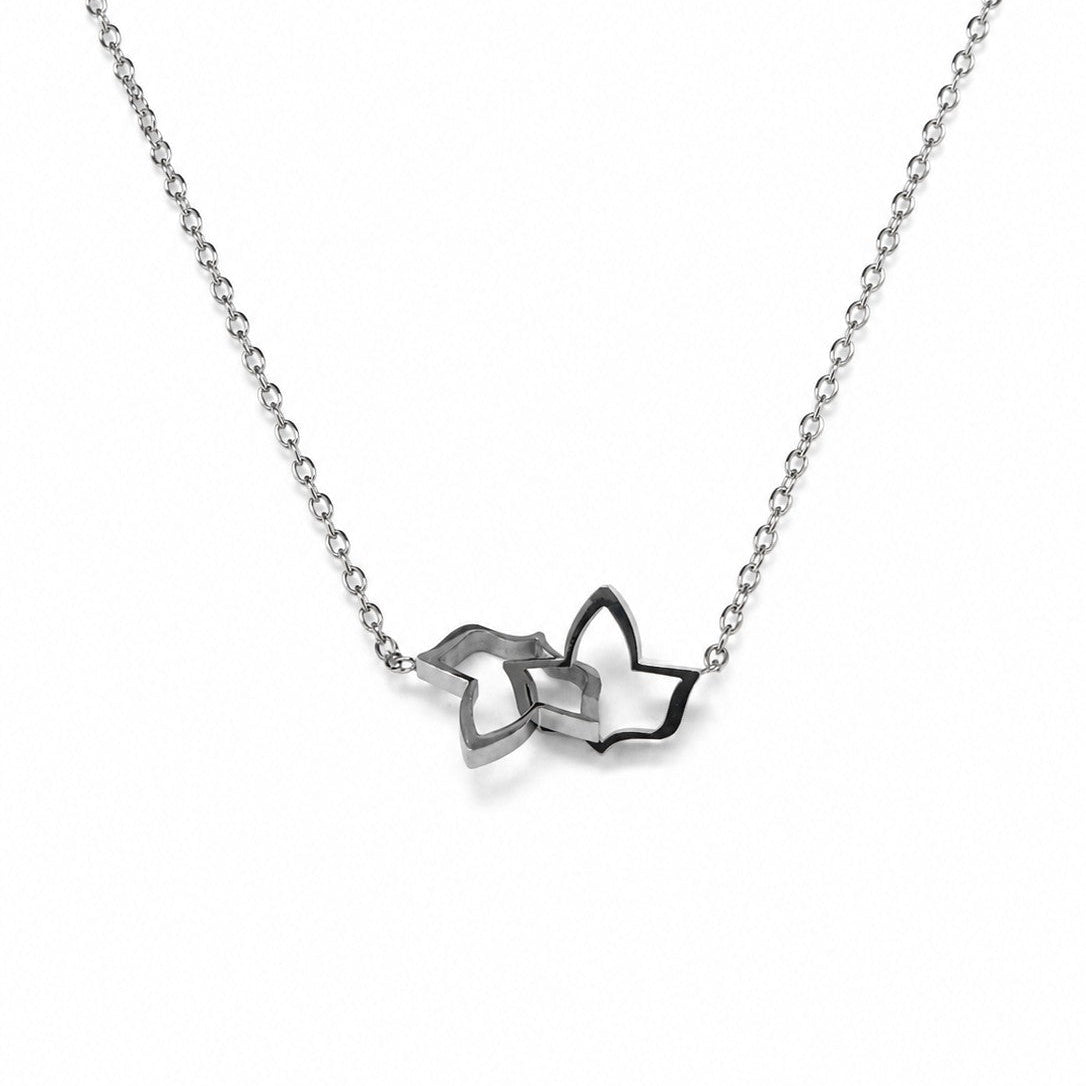 Gold and silver stainless steel ivy outline necklaces with adjustable 16–18 inch chains displayed on a white background, featuring an elegant open ivy leaf design for everyday wear and layered styling.