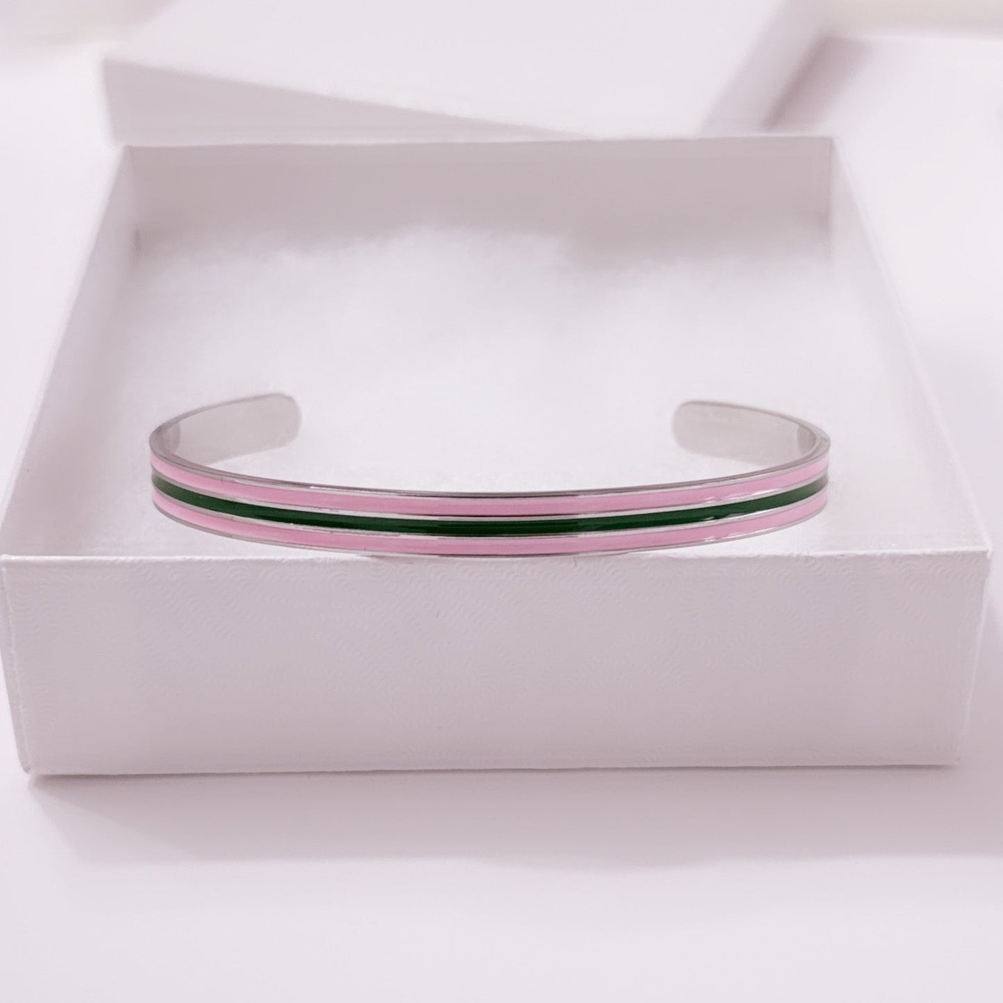 Stainless steel pink and green sorority cuff bracelet gift ready