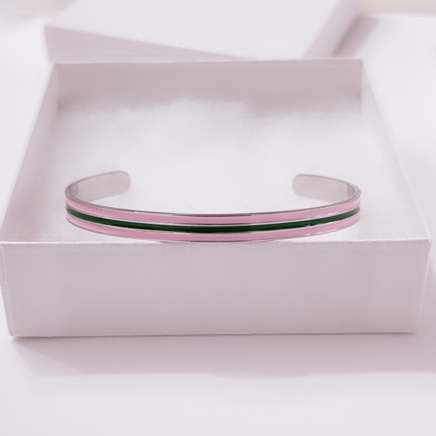 Stainless steel pink and green sorority cuff bracelet gift ready