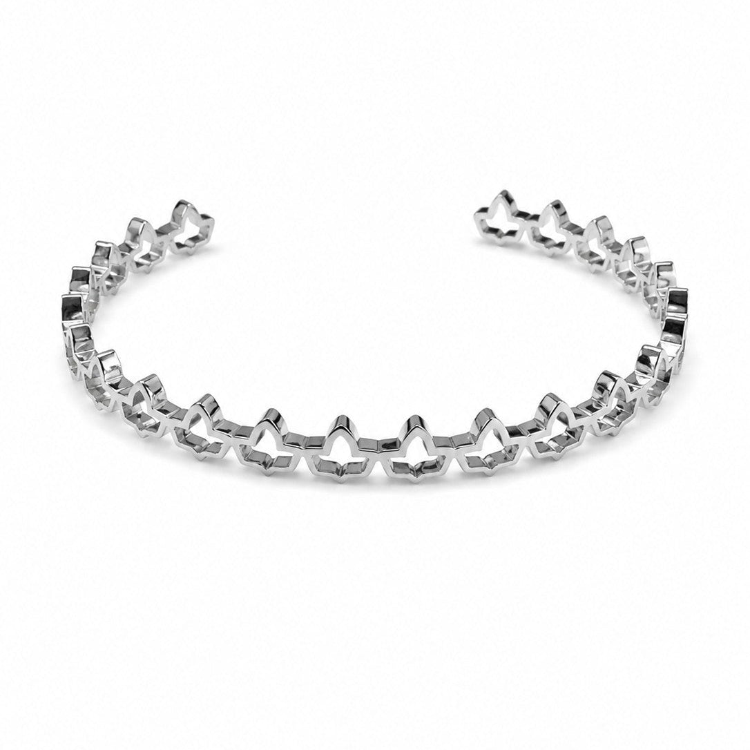 Adjustable silver stainless steel ivy cuff bracelet with elegant ivy cutout design on a white background.