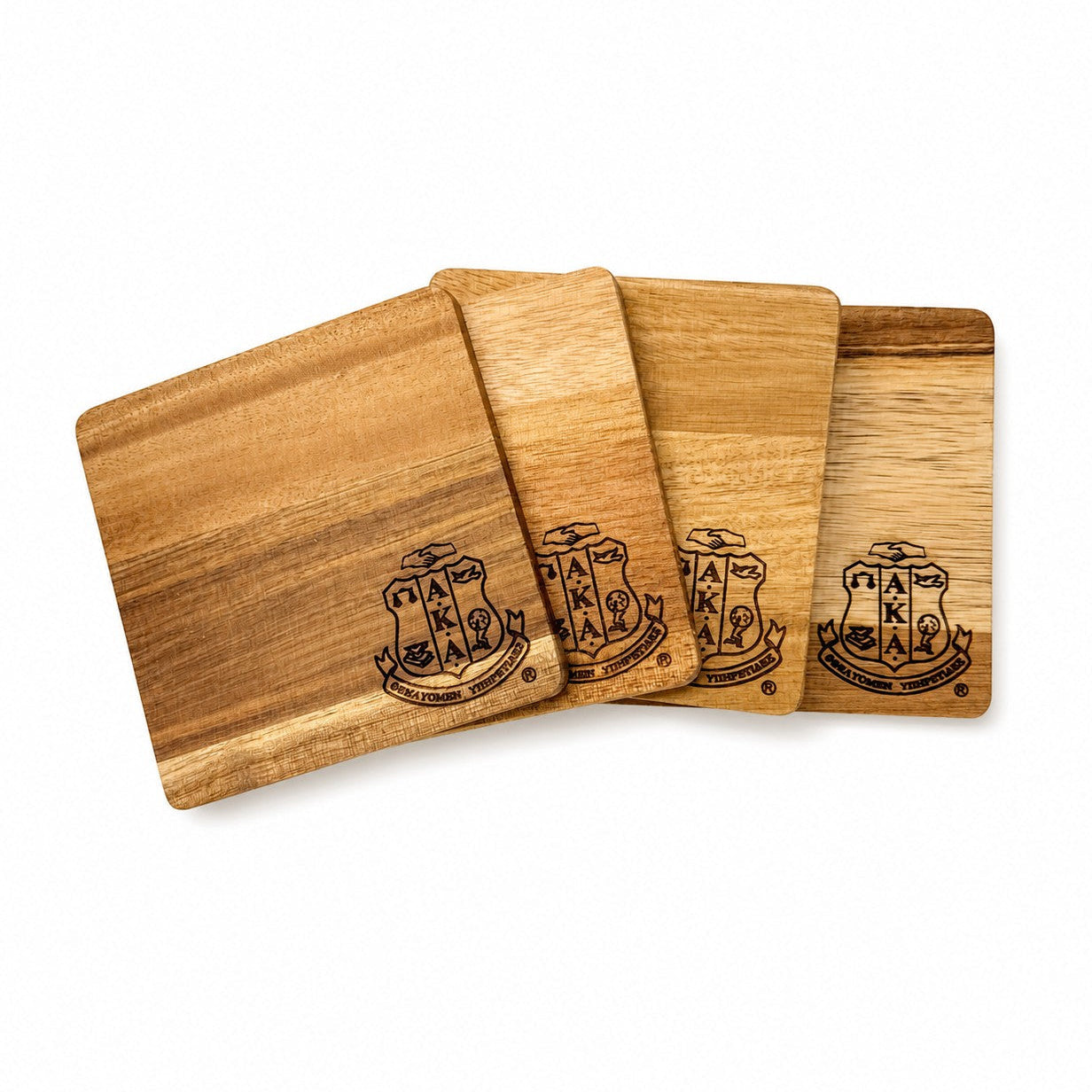 Alpha Kappa Alpha Sorority Inc. engraved square acacia wood coaster with natural wood grain and non slip silicone dots