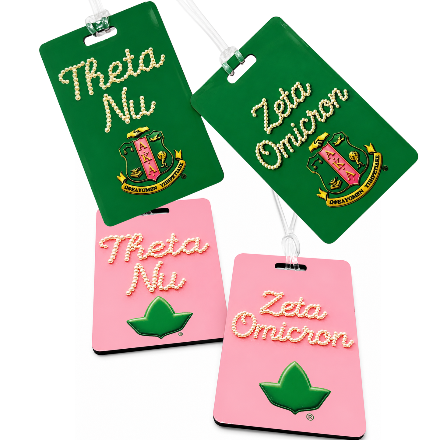 Four personalized Alpha Kappa Alpha-inspired luggage and purse tags in pink and green, featuring Theta Nu and Zeta Omicron chapter names in pearl lettering with the AKA shield or ivy emblem, displayed on a white background with clear luggage loops.