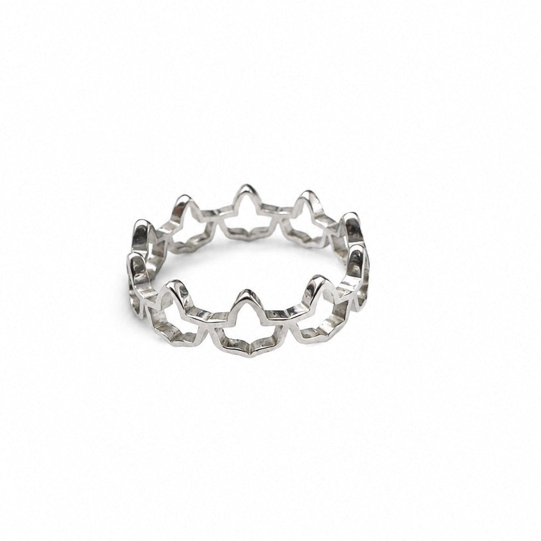 Silver stainless steel ivy ring with an elegant open ivy band design on a white background, available in sizes 7 and 8.