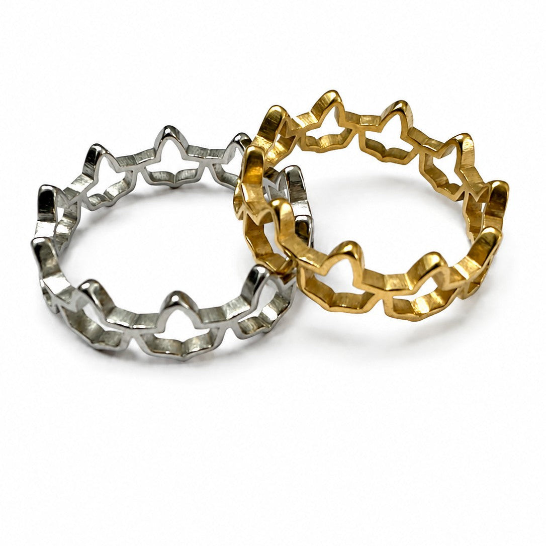 Gold and silver stainless steel ivy rings featuring an elegant open ivy band design on a white background.