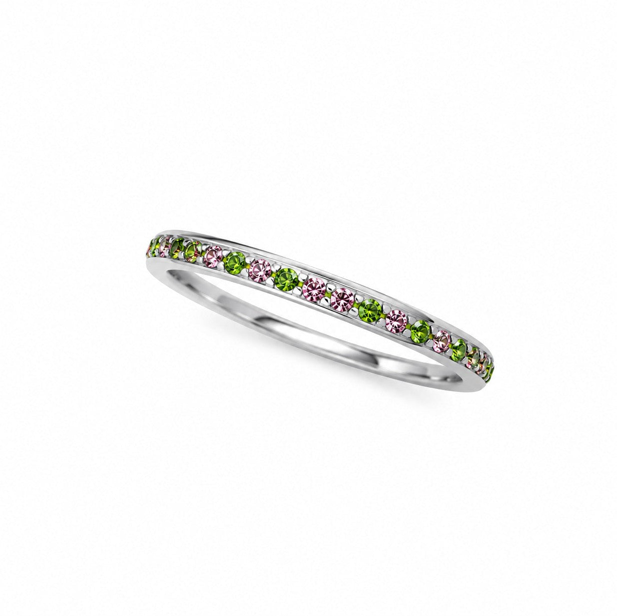 Stainless steel stacking ring with alternating pink and green cubic zirconia stones on a white background, perfect for everyday wear and layering.